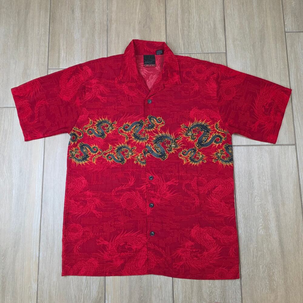 Vintage C-TWO Dragon Shirt Mens L Red Y2K Korean Button Up Streetwear